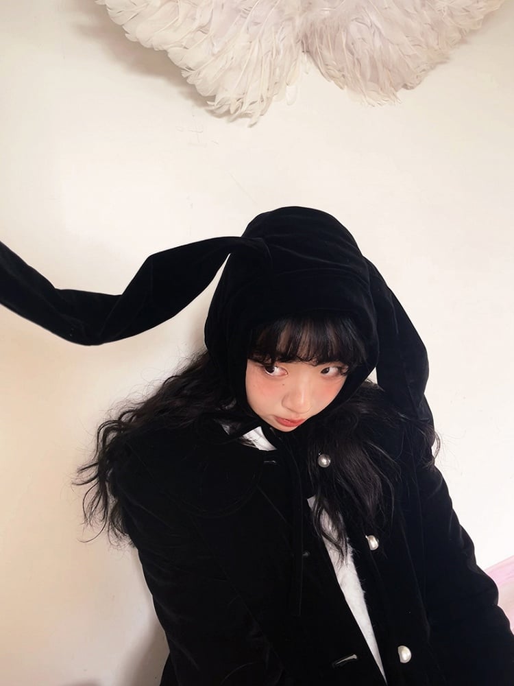 Adjustable Black Plush Bunny Ear Beanie