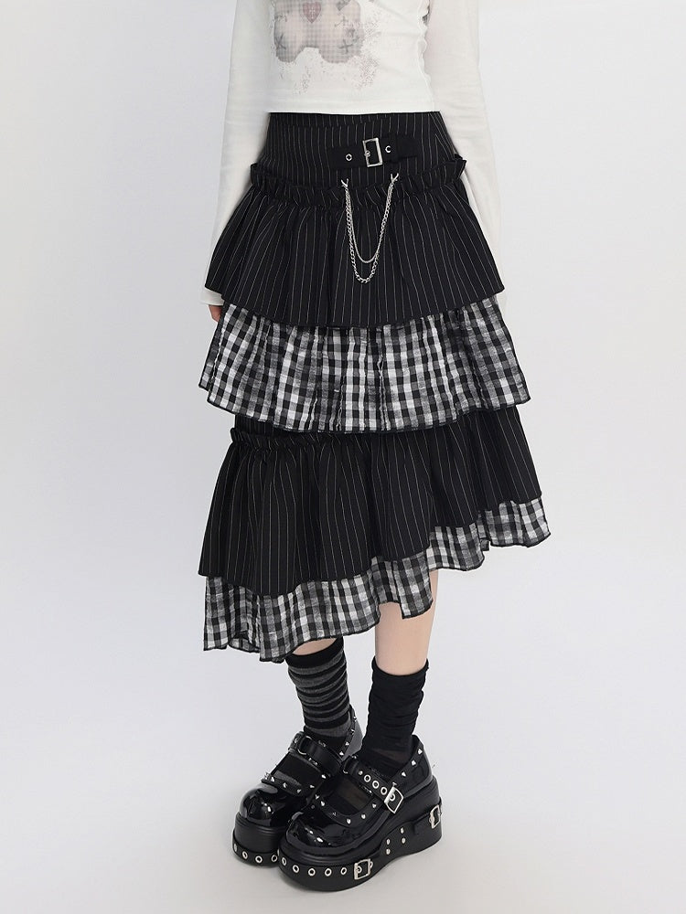 Asymmetrical Stripes Tiered Pattern Plaid Black Hem Skirt with and Y2K