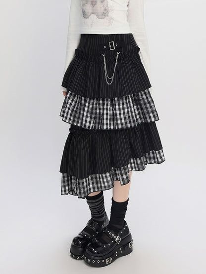 Asymmetrical Stripes Tiered Pattern Plaid Black Hem Skirt with and Y2K