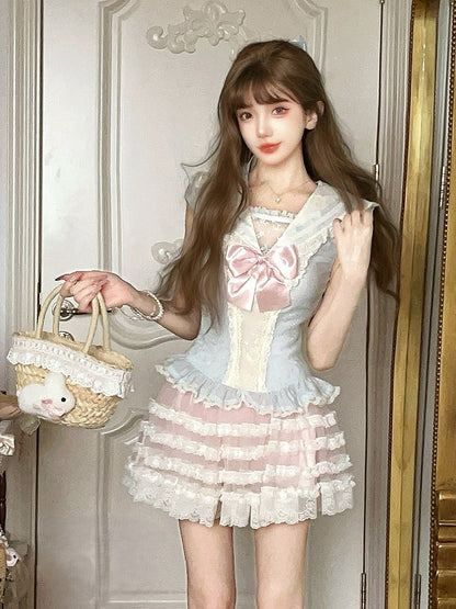 Collar Cap Top With Sailor Sleeves Chiffon Blue