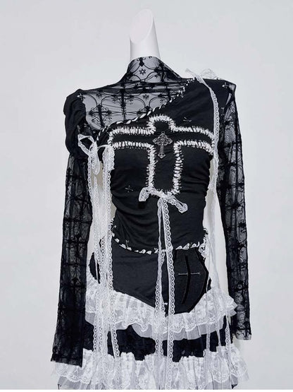 Gothic Black Illusion Neckline Contrast Lace Trim Cross Pin Top