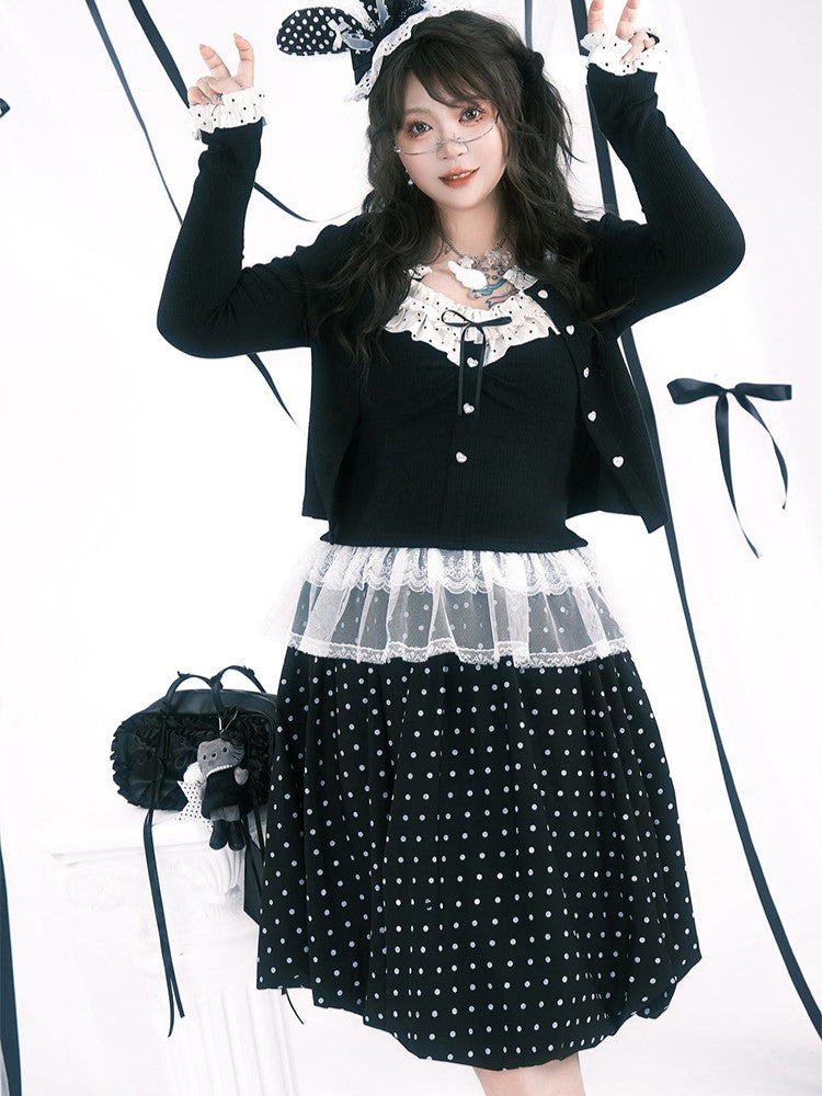 White Below-Knee Zipper with Side Plus Dots Skirt Black Size Polka