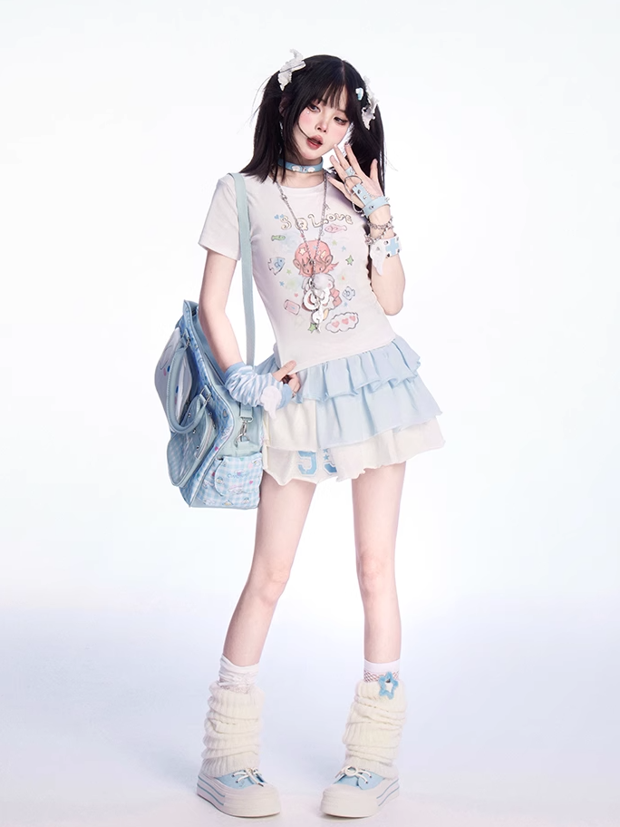 ホワイトラウンドネックかわいい漫画プリントTシャツ