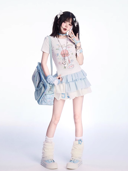 ホワイトラウンドネックかわいい漫画プリントTシャツ