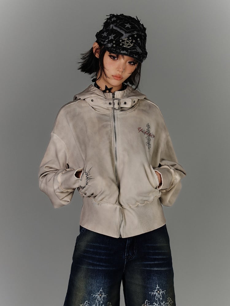 Strap Apricot Distressed Zip Closure Hoodie Wasteland Buckle Punk