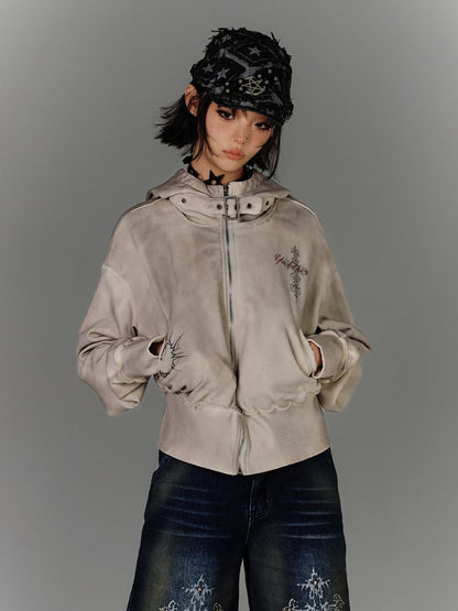 Strap Apricot Distressed Zip Closure Hoodie Wasteland Buckle Punk