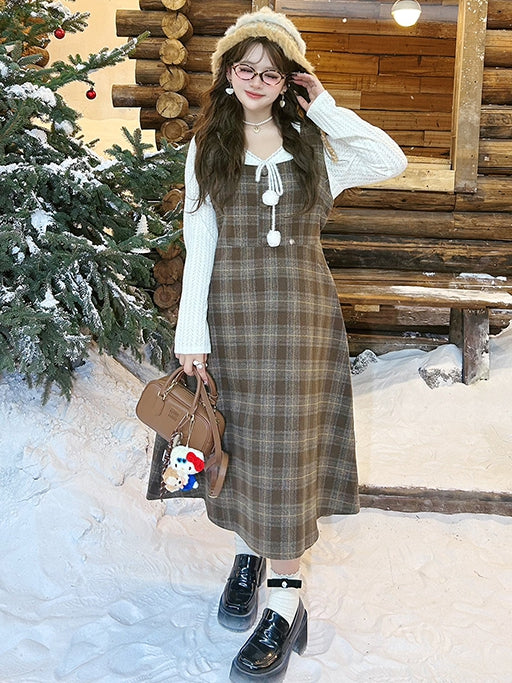 Plus Size Brown High Waist Plaid Pattern Woolen Overall Dress