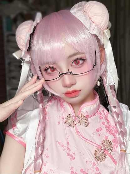 フルクリップ 30CM ウィッグ ピンク + ショートポニーテール 55CM 前髪 クローストレート ダブルブレイド