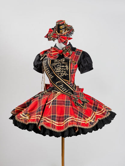 Red Idol Lolita Plaid JSK Dress with Golden Bear Embroidery and Black Scalloped Hem - LiLi Chain