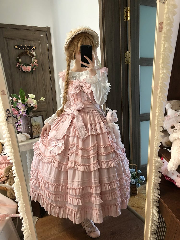 Sweet Multi-Layer Lolita Only JSK Dress Bow + Ruffle Hairband Pink / Detail Belt with