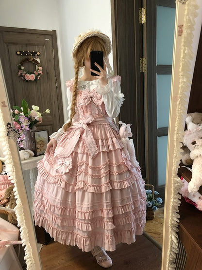 Sweet Multi-Layer Lolita Only JSK Dress Bow + Ruffle Hairband Pink / Detail Belt with