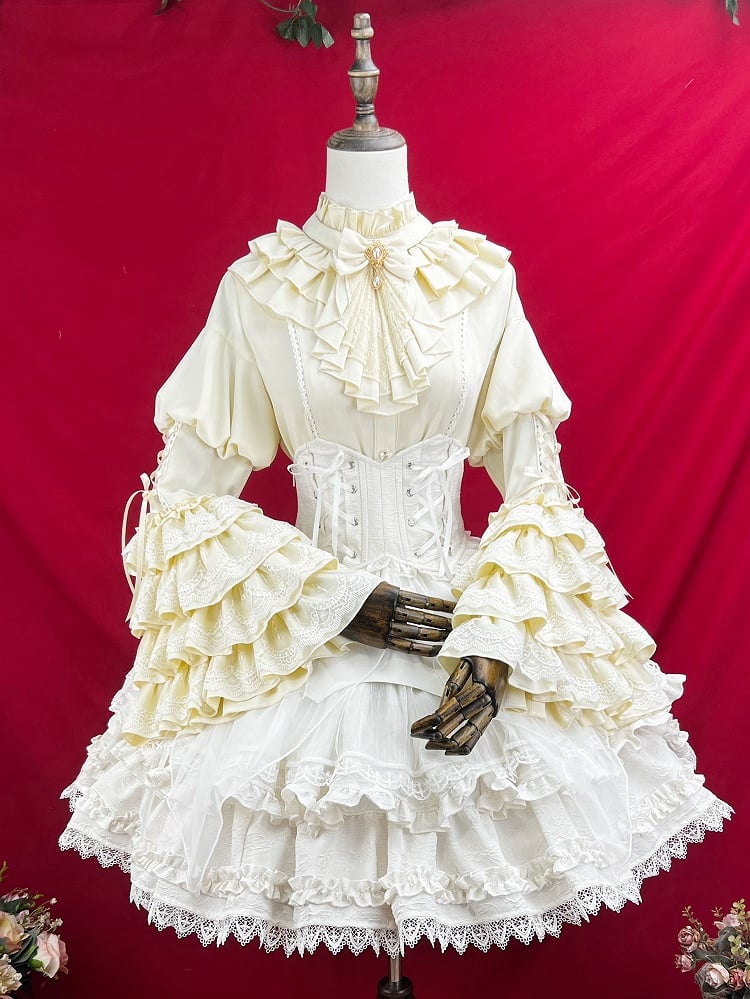 Gothic Lolita Krawattenhalsausschnitt Mehrlagige Rüschen Jabot-Ärmel Glocken-Apricot mit Hemd