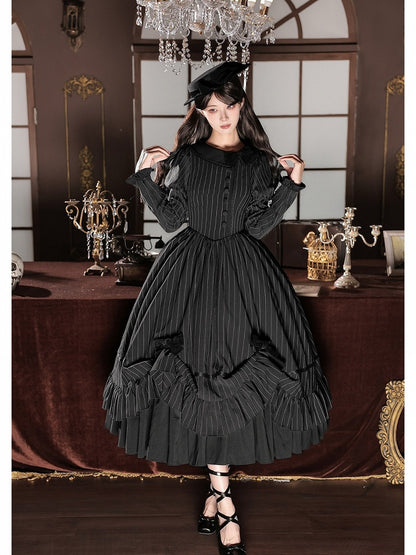 Black Striped Long Sleeve Lolita OP Dress Full Set with Mini Hat & 2-Way Bow Brooch - With PUJI