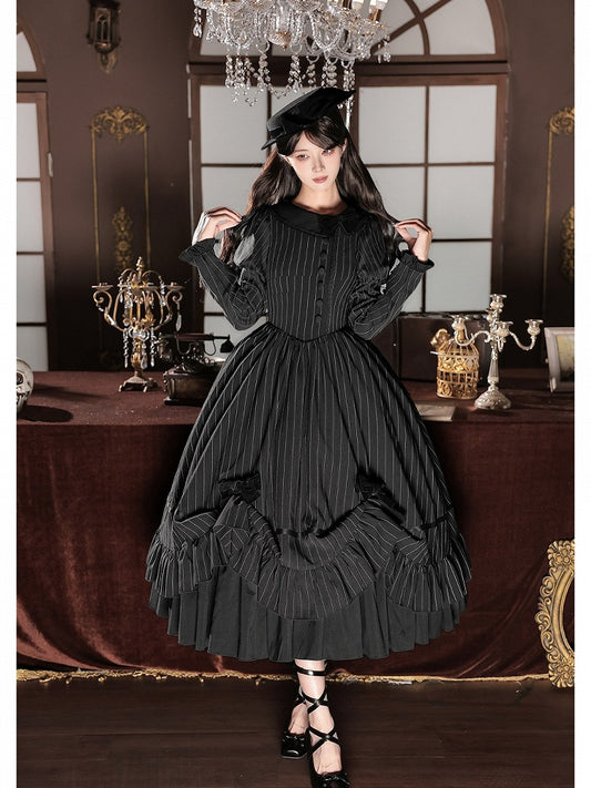Black Striped Long Sleeve Lolita OP Dress Full Set with Mini Hat & 2-Way Bow Brooch - With PUJI