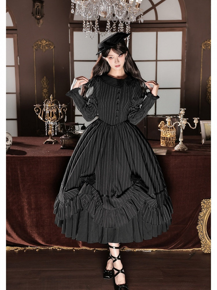 Black Striped Long Sleeve Lolita OP Dress Full Set with Mini Hat & 2-Way Bow Brooch - With PUJI