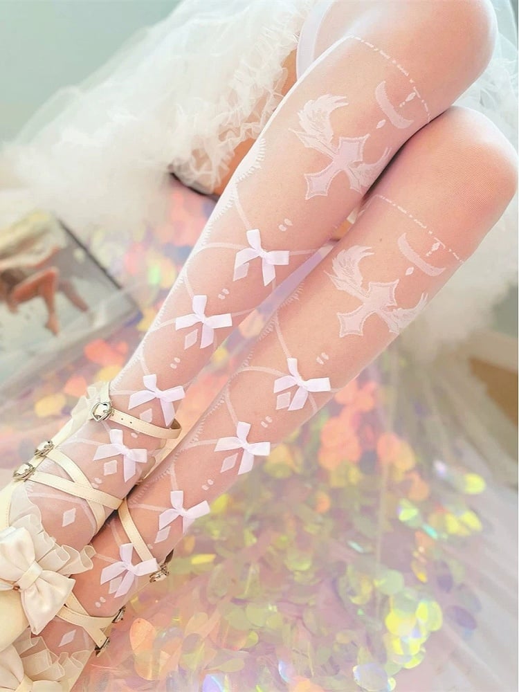 Cross Sheer Pink Bow Stockings Lolita Colors: Style (2