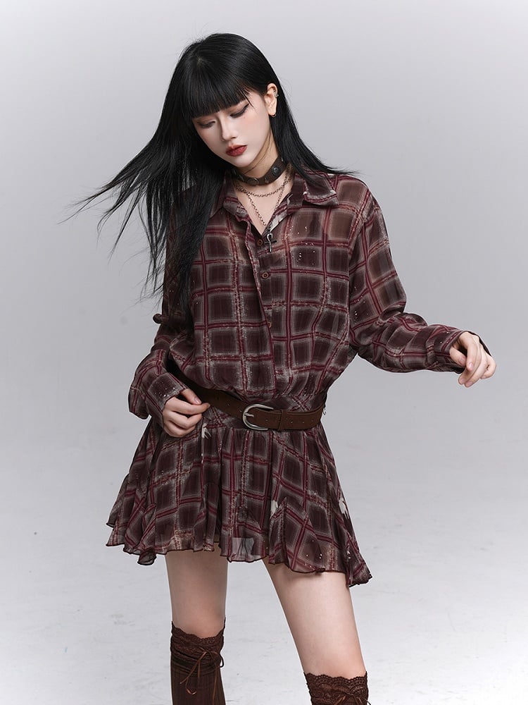 Plaid PU Coffee Gothic Belt Dress with Brown Shirt Lined Red
