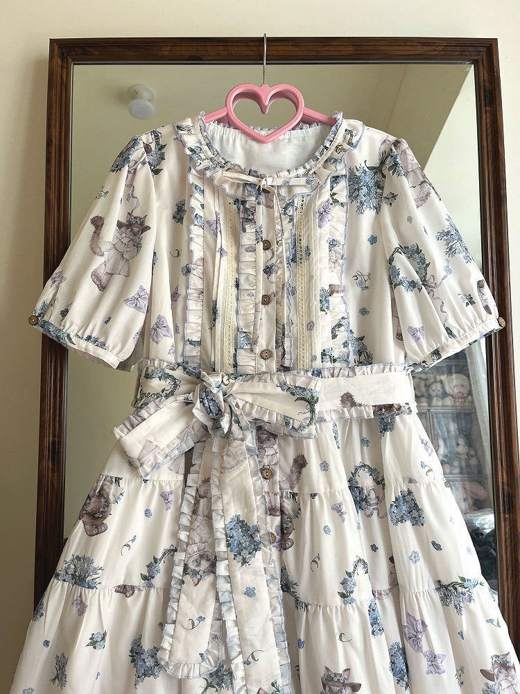 Short and Lolita House Pink Print Floral Kitty Sleeves Fashion