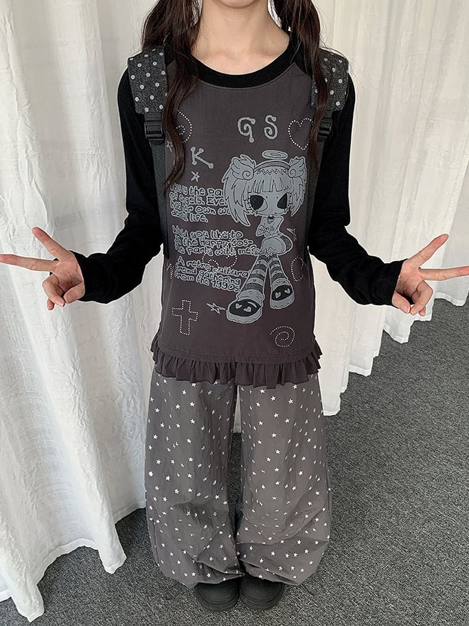 Girl Sleeve Cartoon Gray Pattern T-shirt Colorblock Long with Design