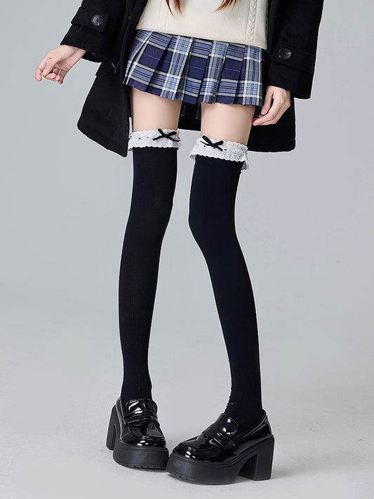 ブラック/ホワイト ロリータ リボン結び レースディテール オーバーニーストッキング