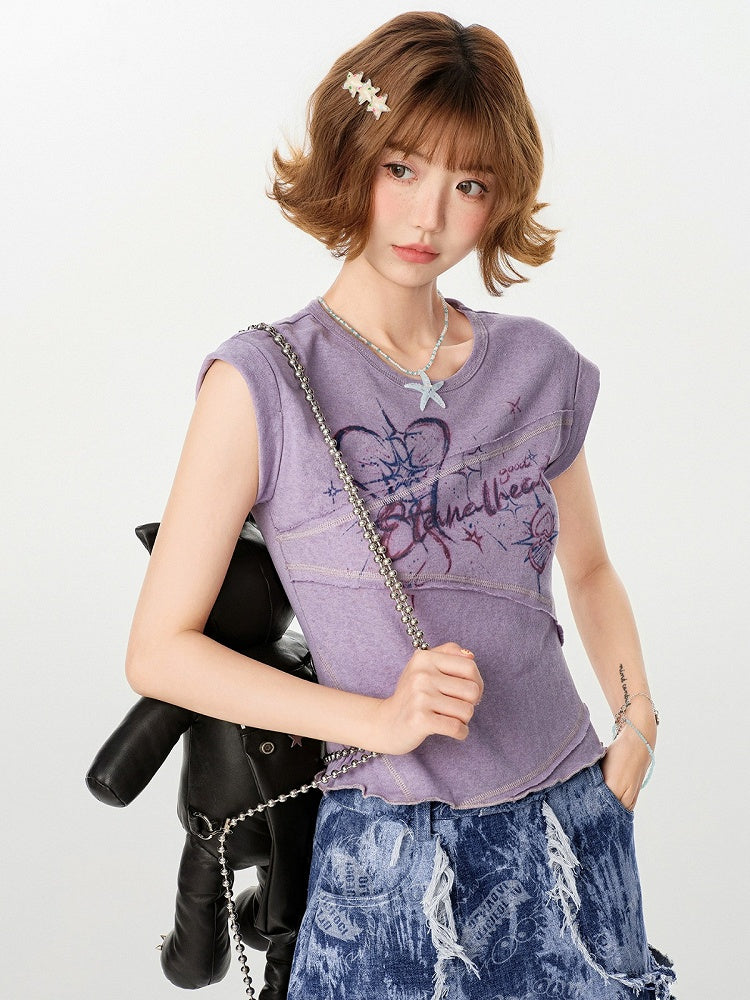 Retro Floral Print Asymmetrical Design Short Sleeve Top - Girlyhalo