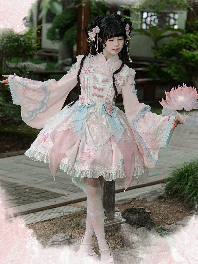 Long with Print Golden Blue Lolita and Sleeves Fish Pink Dress Floral Han