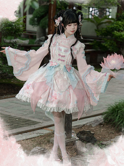 Long with Print Golden Blue Lolita and Sleeves Fish Pink Dress Floral Han