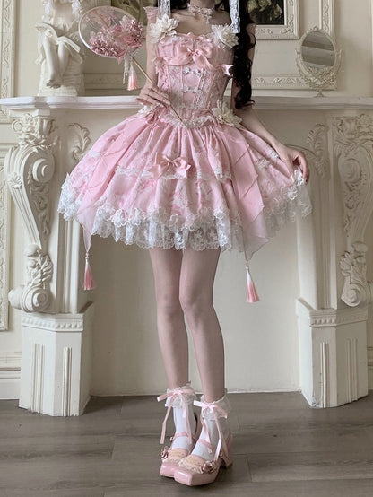 Pink Frog Version Print Jasmine-Embellished Lolita Buttons Short Corset with + Floral Top Skirt