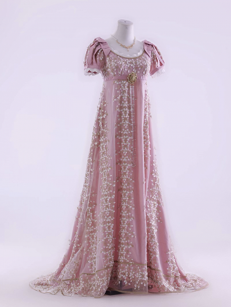 Rosa Empire Taille Floral Elegantes Lolita Maxikleid Bodenlange Version