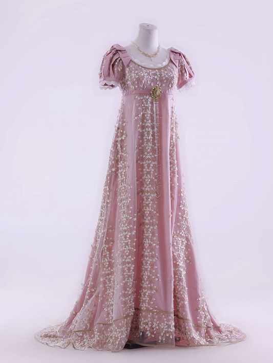 ピンクのエンパイアウエスト花柄エレガントロリータマキシドレス（フロア丈）