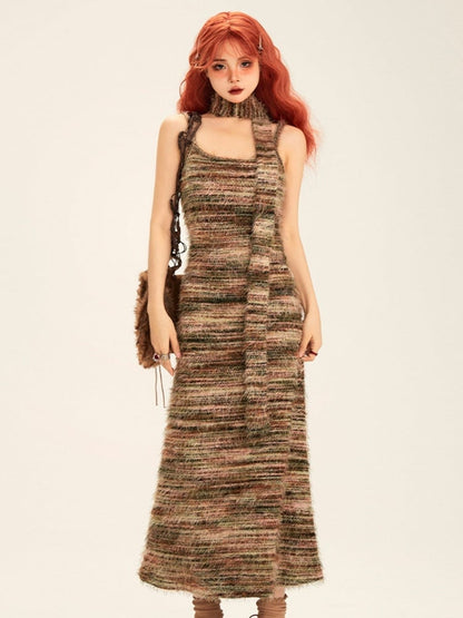 Matching Pink Scarf Dress Winter Fall Knit Slip for with Green Striped