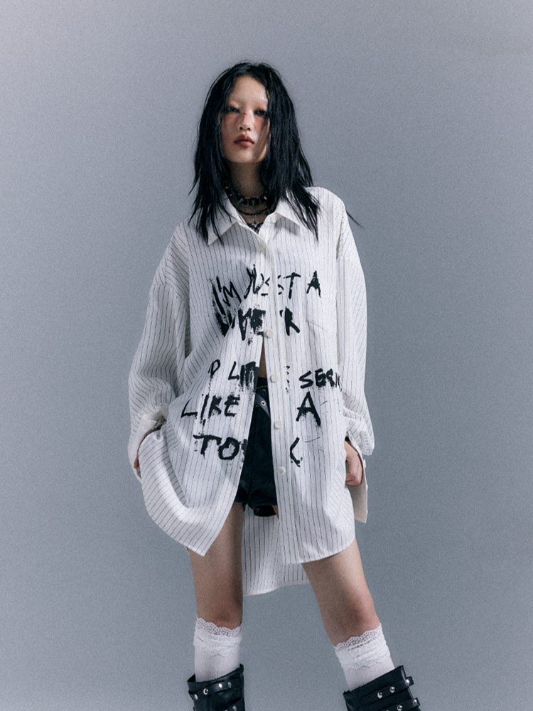 Graffiti Letter Shirt Print Punk White Striped