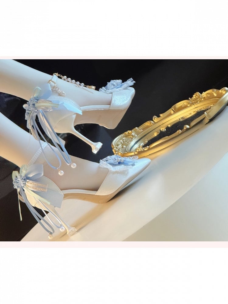 Modern Chinese Blue Pointed Toe High Heels with Pearl & Bow Accents - A Sky Rabbit