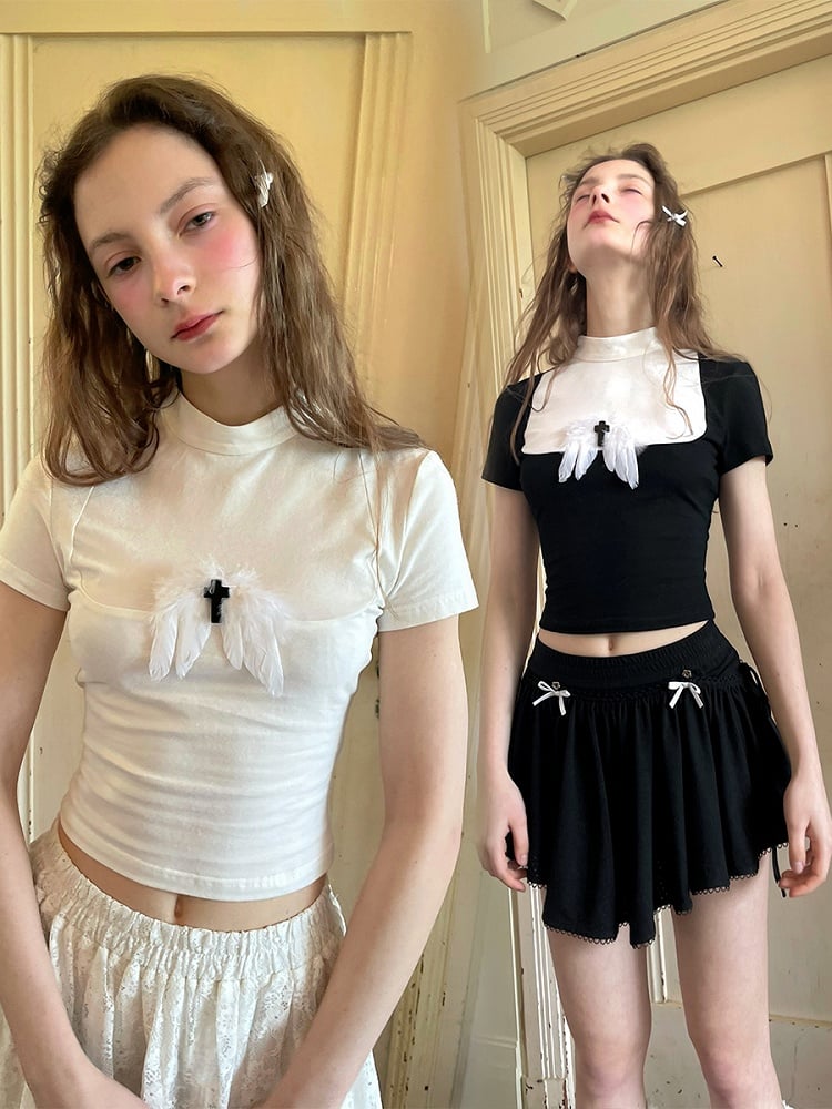 Colorblock Crop Tee with Detachable Feather Cross Brooch Black/White