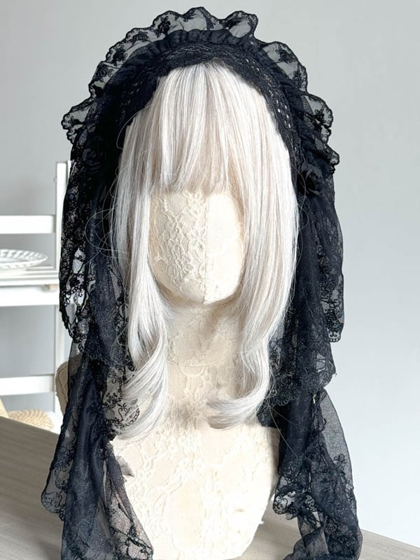 Lace Gothic Hairband with Embellishment and Veil Flower Black