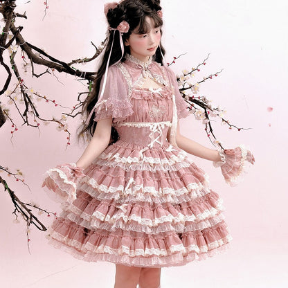 Trim Pink/Blue/Green Embroidery Wrist Lolita and Goldfish with Bow Sweet Cuffs Lace