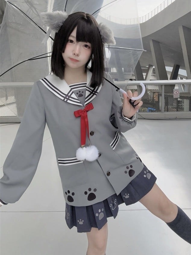 Gray Sailor Collar Top with Wolf Ears and Pom Poms - To Alice