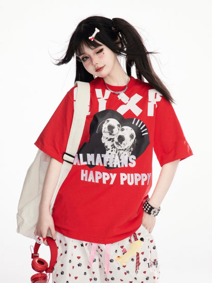 レッド クルーネック ダルメシアンプリント ヴィンテージTシャツ