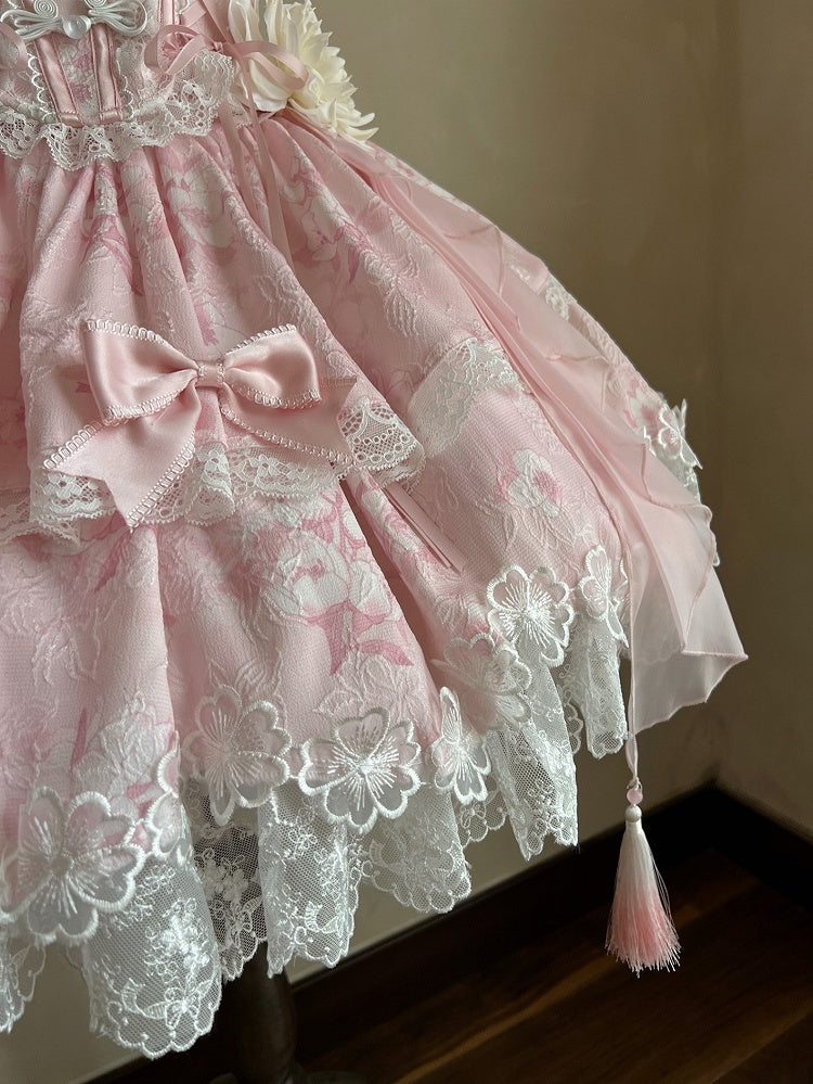 Pink Frog Version Print Jasmine-Embellished Lolita Buttons Short Corset with + Floral Top Skirt
