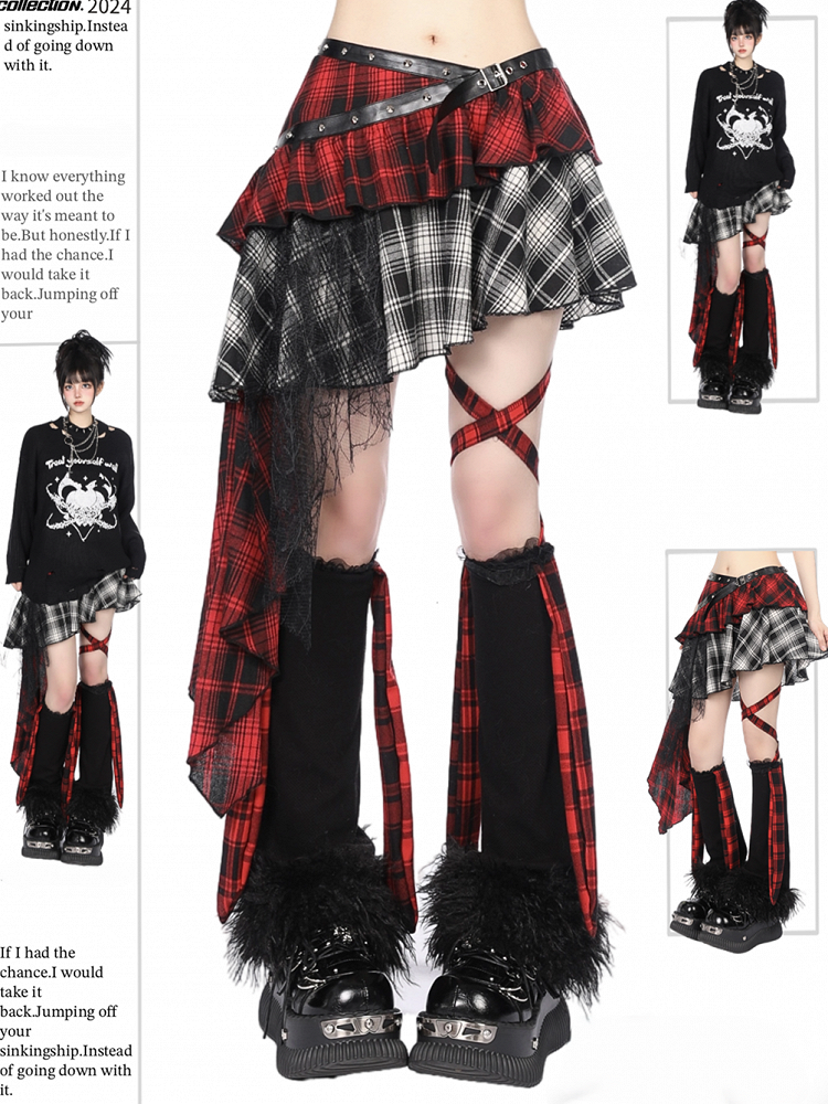 Asymmetrischer rot-weiß karierter Stufenrock mit kaskadierendem Spitzenrüschenbesatz