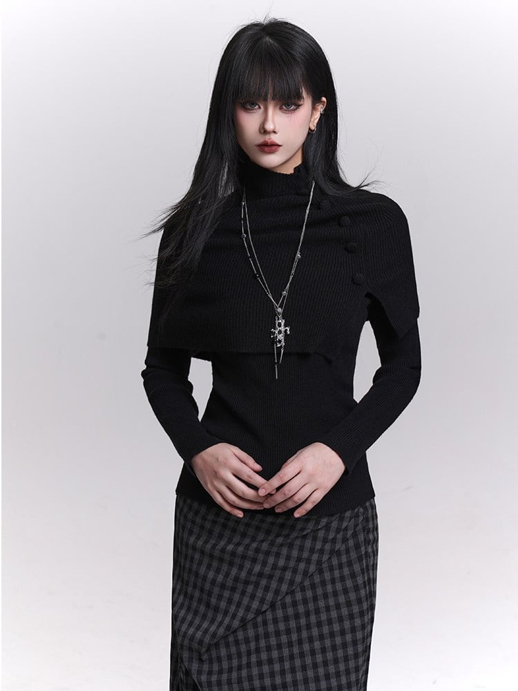 Accents Shawl Set Knit Dark Top Button Gothic Long Gray/Black Sleeves