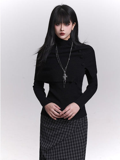 Accents Shawl Set Knit Dark Top Button Gothic Long Gray/Black Sleeves