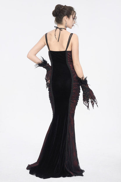 Black and Red High-Waisted Embroidered Women's Gothic Dress