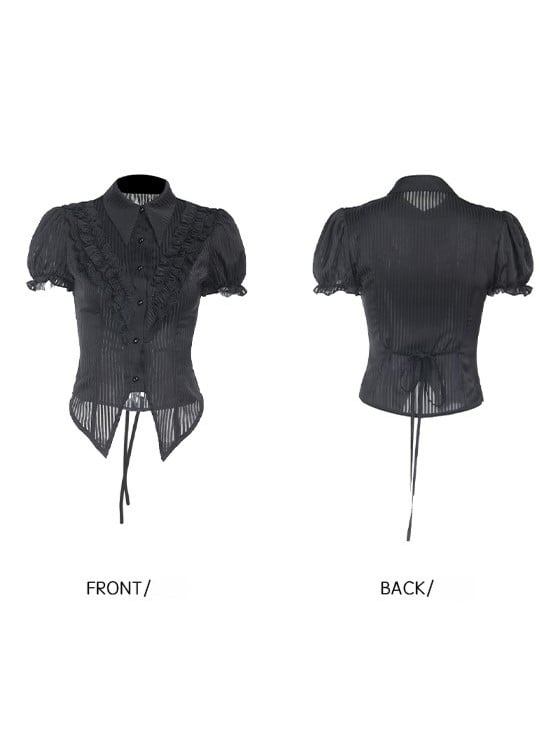 Collar with Detail Sleeve Blouse Back Pointed Gothic Halloween Ruffled Black Tie Flat Puff