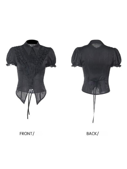 Collar with Detail Sleeve Blouse Back Pointed Gothic Halloween Ruffled Black Tie Flat Puff