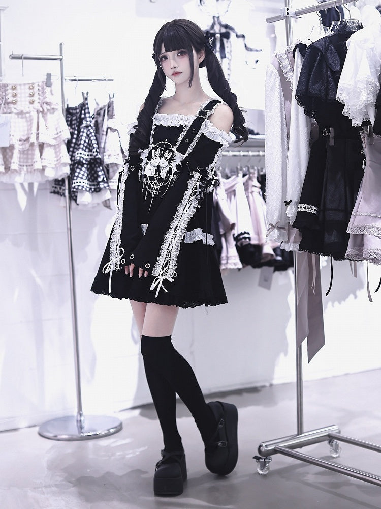 Bunny Print Black Off-Shoulder Long-Sleeve Jirai Kei T-Shirt Dress with Ruffles - Ekomi