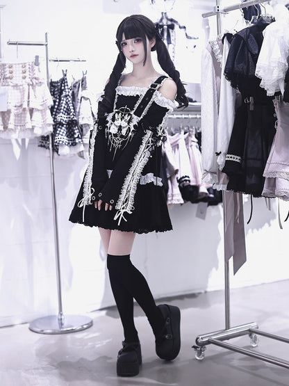 Bunny Print Black Off-Shoulder Long-Sleeve Jirai Kei T-Shirt Dress with Ruffles - Ekomi