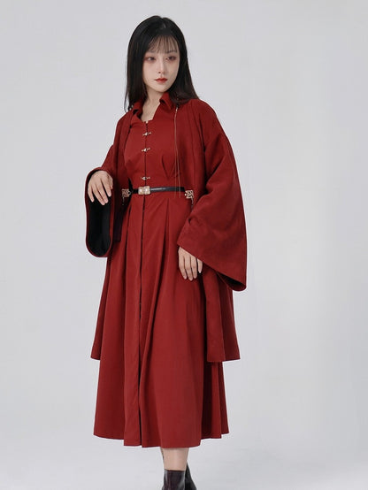 Box Snap Shirt Pleat Details Red Chinese with Closure Style Dress