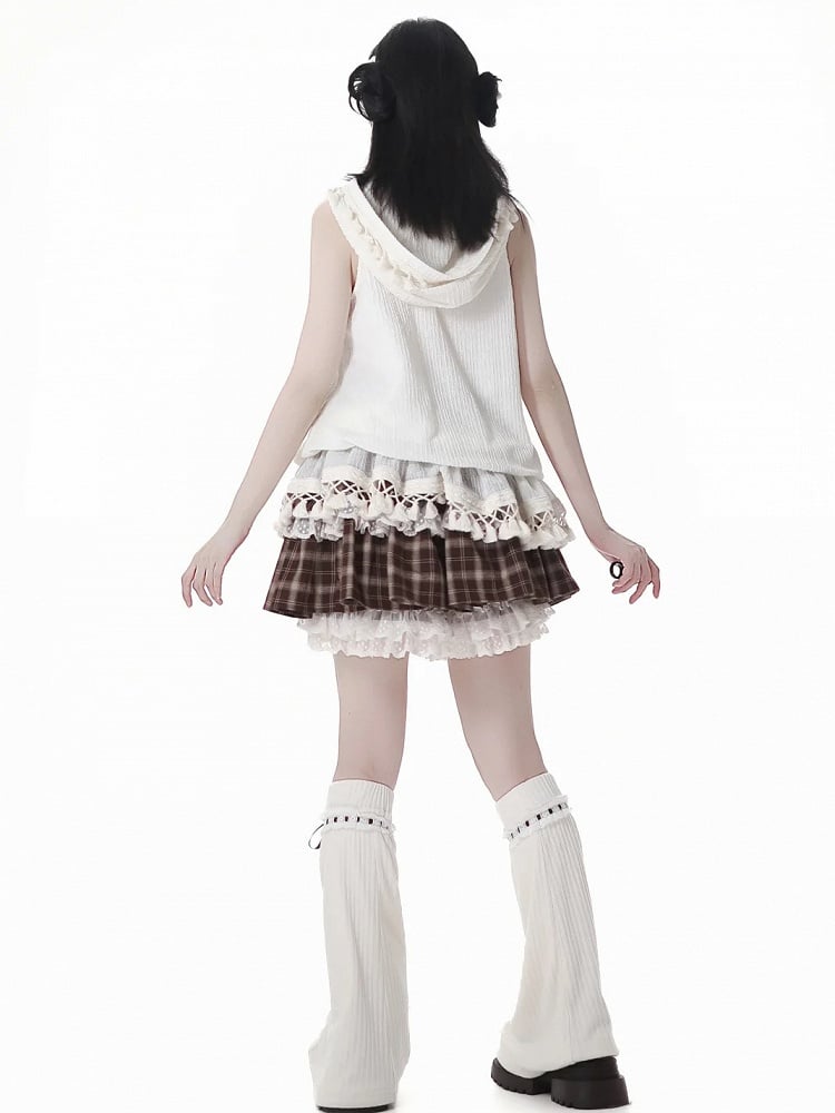 Ausschnitt mit Kapuze, ärmelloses Oberteil, Schlüsselloch, Quastensaum, gestufte Rüschen, zum Selbstbinden, Beige, Bohemian