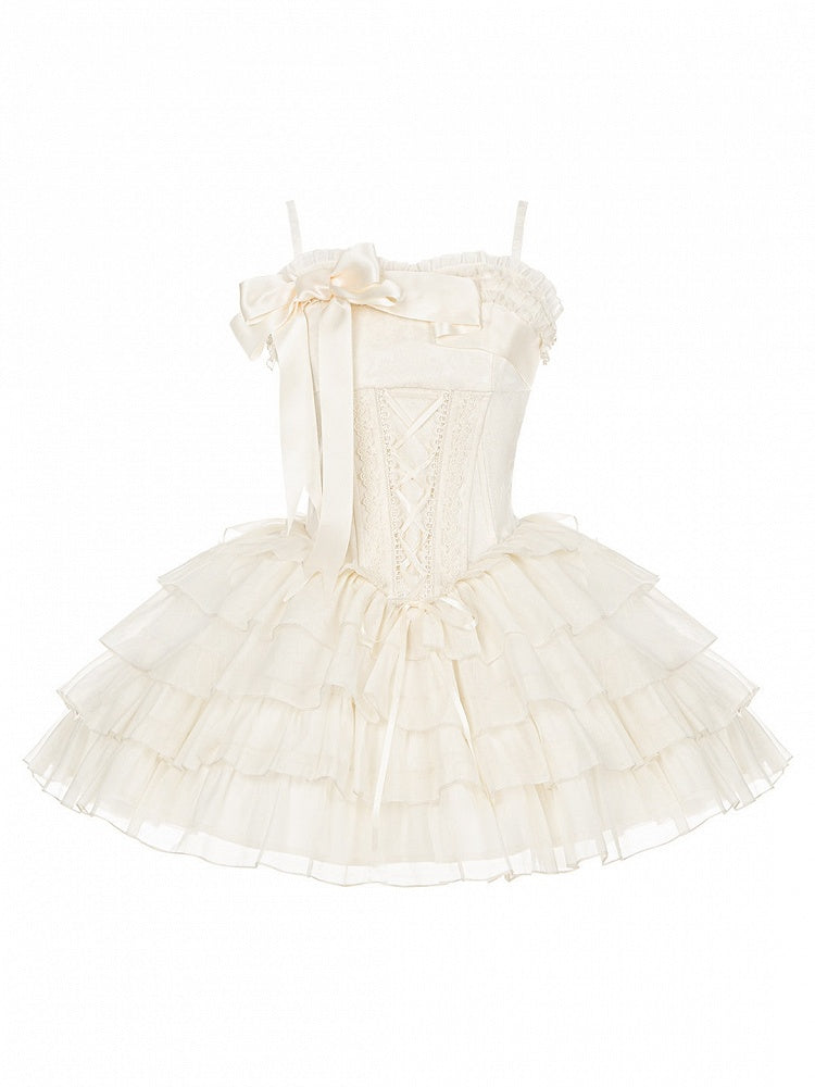 Boned Corset Waist Spaghetti Straps Dress Lolita JSK with Tiered Skirt - With PUJI